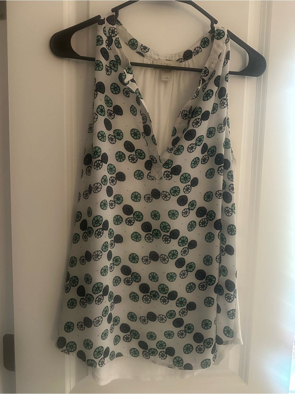 LOFT White Sleeveless V-Neck Tank with Teal & Black Circle Print